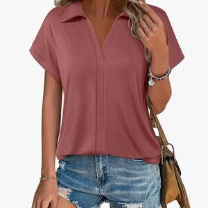 Vivii XL salmon colored polo collared short sleeve shirt top v-neck notched